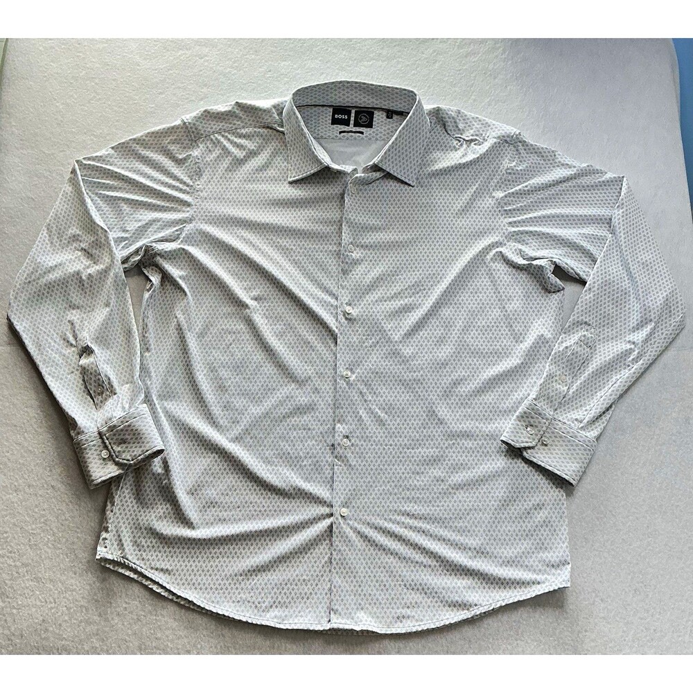 BOSS Performance Cotton Regular Fit Dress Shirt 2XL Geometric Long Sleeve